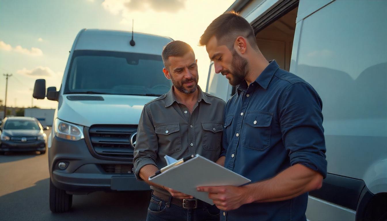 Tipps für den sicheren Kauf eines gebrauchten Mercedes Sprinter Käufer und Mechaniker prüfen gemeinsam einen gebrauchten Mercedes Sprinter auf dem Händlergelände